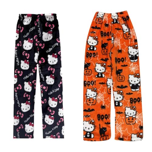 2er Pack Flanell Pyjamahose Damen Lang Schlafanzughose Y2K Pyjama Hose Flauschig Cartoon Schlafhose Fleece Pants Kawaii Flanellhose Winter Loungewear Teenager Mädchen Kleidung Geschenke für Frauen von Generic