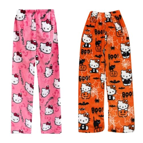2er Pack Flanell Pyjamahose Damen Lang Schlafanzughose Y2K Pyjama Hose Flauschig Schlafhose Fleece Pants Cartoon Kawaii Winter Flanellhose Loungewear Teenager Mädchen Kleidung Geschenke für Frauen von Generic