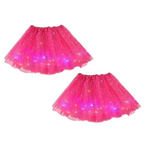 2er Pack LED Tütü Rock Kurz Damen 50er Tüllrock Minirock Stern Pailletten Rockabilly Petticoat Ballett Tanzen Unterrock Dehnbaren Ballettrock Vintage Erwachsene Tutu (2PCS Hot Pink, One Size) von Generic