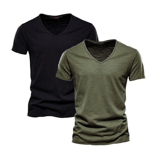 2er-Pack T Shirt Herren V Ausschnitt 100% Baumwolle Kurzarm Atmungsaktive Shirts Herren Einfarbig Regular fit Tshirt Sportshirts Sommer Basic T-Shirt von Generic