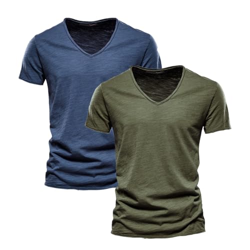 2er-Pack T Shirt Herren V Ausschnitt 100% Baumwolle Kurzarm Atmungsaktive Shirts Herren Einfarbig Regular fit Tshirt Sportshirts Sommer Basic T-Shirt von Generic