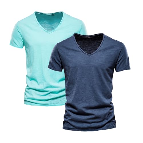 2er-Pack T Shirt Herren V Ausschnitt 100% Baumwolle Kurzarm Atmungsaktive Shirts Herren Einfarbig Regular fit Tshirt Sportshirts Sommer Basic T-Shirt von Generic
