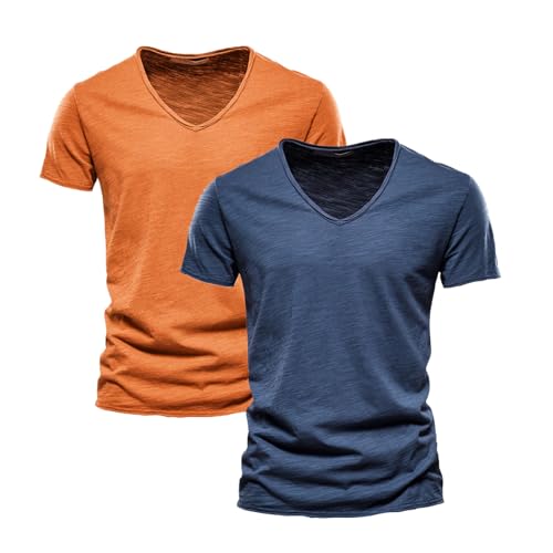 2er-Pack T Shirt Herren V Ausschnitt 100% Baumwolle Kurzarm Atmungsaktive Shirts Herren Einfarbig Regular fit Tshirt Sportshirts Sommer Basic T-Shirt von Generic