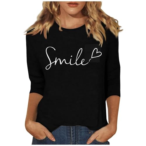 3/4 Arm Shirt Damen Lässige Rundhalsausschnitt Oberteile Bluse Mode Leger Slim Fit Tops Bluse Dreiviertelarm Shirt Leicht Tunika Tops Sommershirts Frauen Sportshirt Tshirt Damen Große Größen von Generic