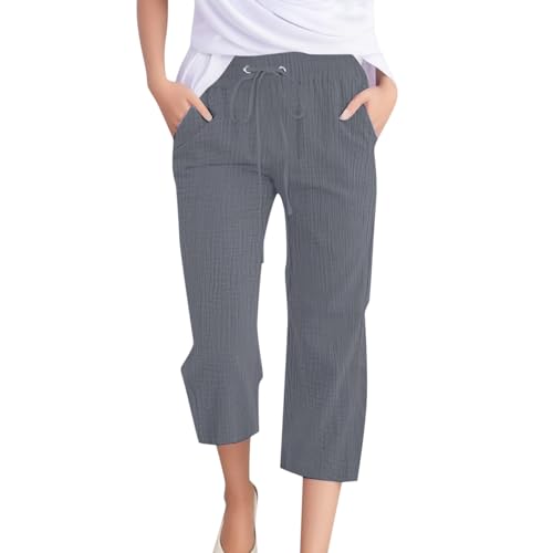 3/4 Hose Damen, Caprihose Damen Sommer Musselin Hose Sommerhose Leicht Leinenhose Dreiviertel Hosen mit Taschen Freizeithose Locker Leinen Stoffhose Strandhose Damenhosen mit Gummizug Tunnelzug von Generic