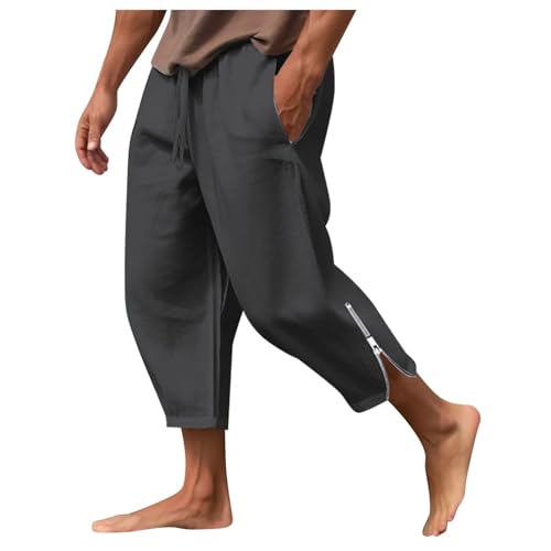 3/4 Länge Hosen Herren Leinen-Shorts Kurze Hose Sommerhose Bermuda Sommer Dreiviertel Cargohose Herrenshorts Strand Yoga Jogger Casual Leinenhose Herren Kurz Sweatpants Sporthose mit Taschen von Generic