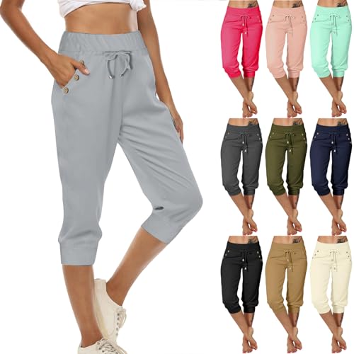 3/4 Leggings Damen Sporthose Knielang Wanderhose mit Kordelzug Freizeithose Schlanke Bauchkontrolle Cargohose Casual Einfarbig Leinenhose Neues Kleidung Haremshose Reisen Stoffhose von Generic