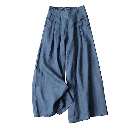3/4 Leinenhose Damen High Waist Sommer Baumwolle-Sommerhosen Leicht 7/8 Oversize-Große Größen Leinen Hose Palazzo Caprihose mit Taschen Freizeithose Weite Hose Wide Leg Hose Bequeme Stoffhose von Generic