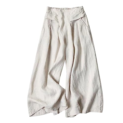 3/4 Leinenhose Damen High Waist Sommer Baumwolle-Sommerhosen Leicht 7/8 Oversize-Große Größen Leinen Hose Palazzo Caprihose mit Taschen Freizeithose Weite Hose Wide Leg Hose Bequeme Stoffhose von Generic