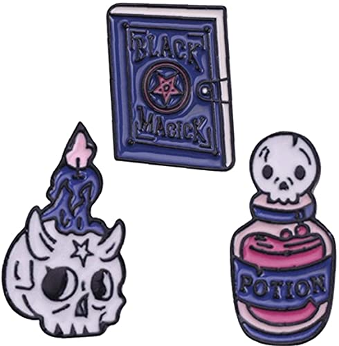 3 Stück/Set Buch Todestrank Totenkopf Kerze Brosche Magic Schwarz Hexe Brosche Pins Set für Kleidung Taschen Jacken Rucksack Brosche Schmuck, Medium, andere Edelsteine, Medium, Andere Edelsteine von Generic