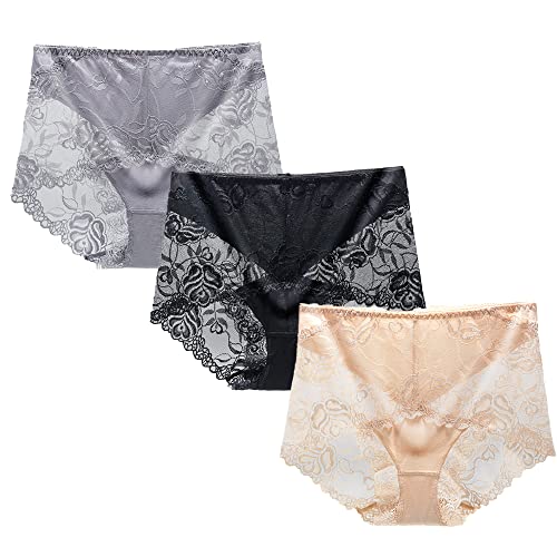 3 Stück Damen Spitzenhöschen Slips Unterwäsche Damen Höschen Hohe Taille Bauchweg Spitze Höschen für Frauen, Schwarz+Beige+Grau, 50 von Generic