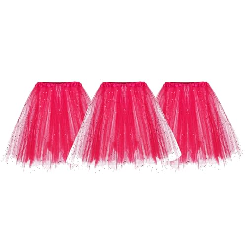 3 Stück Karneval Tüllrock Damen Glitzernder Tütü Röcke Puffy 80er Tüll Unterrock Minirock Petticoat Tutu Tanzkleid Erwachsene Ballettrock Tüllrock für Party Ballett Tanzen (Hot Pink-A, One Size) von Generic