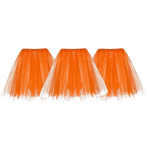 3 Stück Karneval Tüllrock Damen Glitzernder Tütü Röcke Puffy 80er Tüll Unterrock Minirock Petticoat Tutu Tanzkleid Erwachsene Ballettrock Tüllrock für Party Ballett Tanzen (Orange-A, One Size) von Generic