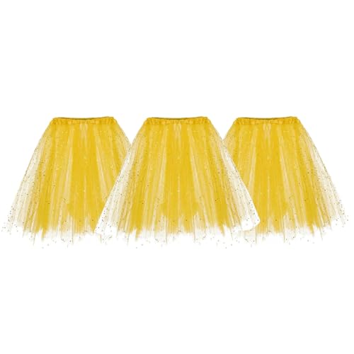 3 Stück Karneval Tüllrock Damen Glitzernder Tütü Röcke Puffy 80er Tüll Unterrock Minirock Petticoat Tutu Tanzkleid Erwachsene Ballettrock Tüllrock für Party Ballett Tanzen (Yellow-A, One Size) von Generic