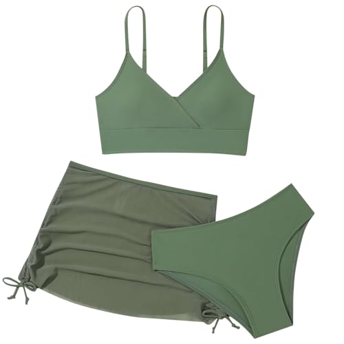 3 Stück Mädchen Bikini Sets Teenager für Schwimmen Strand Surfen Bademode Tankini Sommer 3-teiliges Badebekleidungsset (Z-01 Army Green, 13-14 Years) von Generic