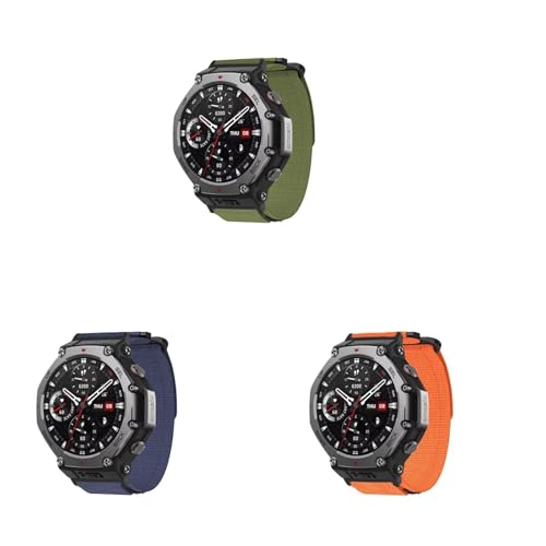 3 Stück Nylon Armband Kompatibel mit Amazfit T-REX 3, Nylonärmband mit Klettverschluss Arbeitskleidung Stil, Weiche Ersatz Loop Sportarmband für Outdoor Bergsteiger Damen Herren, B-Orange/Blau/Grün von Generic