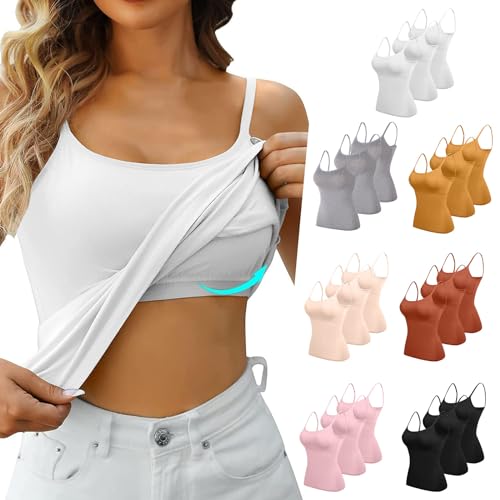 3 Stück Tank Top Damen Mit Integriertem Bh - Unterhemden Spaghettiträger Bh-Hemd Einfarbig Basic Unterziehshirt Bügelloser Gepolstert Tanktops Loose Verstellbaren Trägertop Y2K Crop Tops von Generic