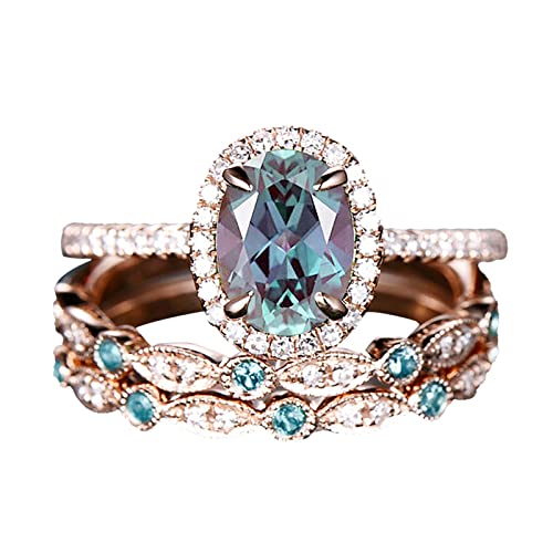 3 Stück Vintage Einzigartiger ovaler Schnitt Verlobungsring Rose Gold Ring Art Deco Braut Ehering für Frauen Zierlicher Ring, a, F von Generic