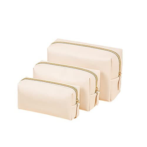 3 stücke PU Leder Kosmetiktasche Wasserdicht Make-up Organizer Tasche Reißverschluss Kleine Tragbare Reisetasche für Frauen, Beige von Generic