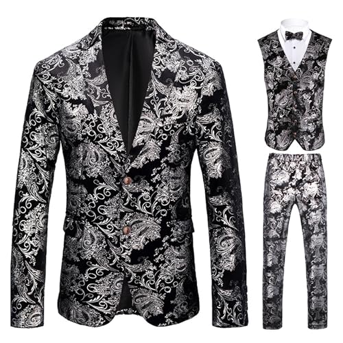3-teiliger Smoking-Anzug mit Blumenmuster für Männer Two Button Slim Fit Anzug Jacke Weste Hose Hochzeit Prom Bankett Blazer Anzug Set (Schwarz,M) von Generic