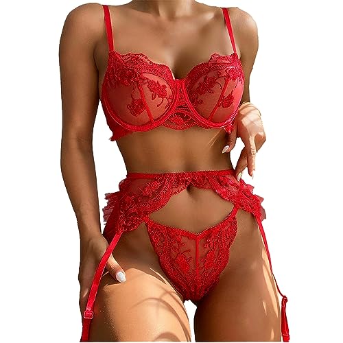 3 teiliges Damen Dessous Set, frecher Unterwäsche Anzug mit Stickerei, Spaghettiträger, Cami BH, hohe Taille, verstellbare Strumpfbänder, transparenter Netz Tanga von Generic