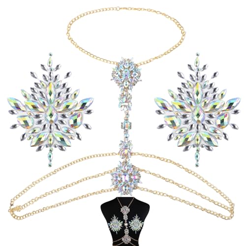 3-teiliges Strass-Körperschmuck-Set, glitzernde Brust-Edelsteine und Taillenkette, bunte Glitzer-Aufkleber für Körperkunst auf Partys und Festivals von Generic