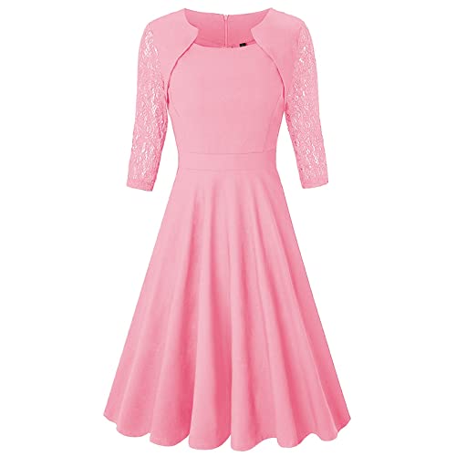 30er Jahre Kleid wickelkleid Damen Elegantes Kleid Einfarbig Spitze Halben Ärmeln U Ausschnitt Midikleid Knielang Patchwork Bodycon Kleid maxikleid Hochzeitsgast (XXL, Rosa) von Generic