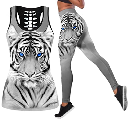 3D Tiger Druck Frauen Weiß Zweiteiliges Yoga Set Schnell Trockene Weste Hollow Tank Top Sport Fitness Leggings, Tank und Legging, Medium von Generic