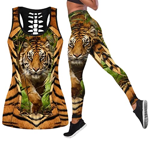 3D Tiger Print Tank Frauen Zweiteiliges Yoga Set Sport Fitness Weste Hollow Tank Top Leggings Quick Dry Set, Tank und Legging, Medium von Generic