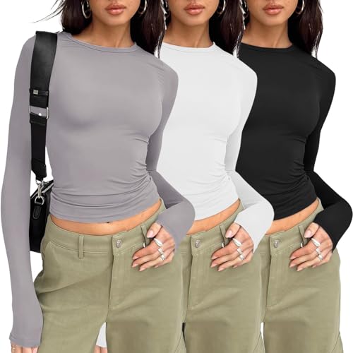 Generic 3Er Pack Skims Dupe Oberteile Damen Hoodie Y2K Tops 3Er Pack Tshirt Damen Langarm Y2K Deko Hoodie Fashion Skins Dupes Bluse Sexy Damen Weißes Oberteil Langarmshirt Elegant (A07, M) von Generic