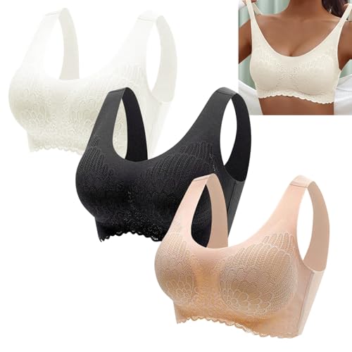 3er Pack BH Damen Ohne Bügel Push Up Seamless Komfort Sport BH Gepolstert Spitzen Bustier Große Brüste Weich Nahtlos Stretch Bügelloser Soft Bra Schlaf BH Klassische Top für Alltag Yoga von Generic