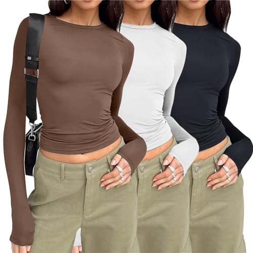 3er Pack Basic Langarmshirt Damen Enge - Y2K Crop Tops Damen Skims T Shirt Langarm Cropped Pullover Yk2 Clothes Bauchfreies Oberteile Aesthetic Tops T-Shirts von Generic