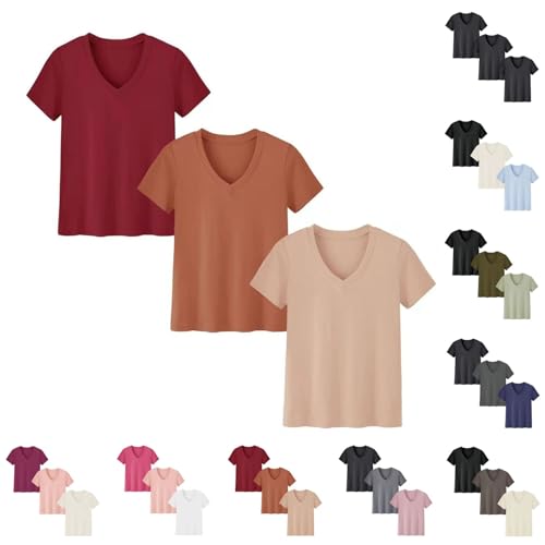 3er Pack Basic Tshirt Damen V Ausschnitt Einfarbig T-Shirt Damen Locker Sommerbluse Elegant Kurzarm Tops Baumwolle Sommer Shirts Tunika Bluse Oberteile Damentops für Sport & Freizeit von Generic
