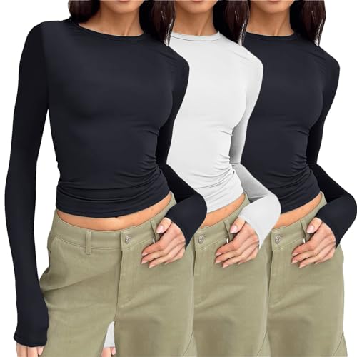 3er Pack Crop Tops Basic Langarmshirt Damen Enge Oberteile Crop Tops Slim Fit Y2K Clothes Long Sleeve Shirt Damen Rundhals Athletisches Teenager Streetwear Girl Layering Shirt Slim Fit Oberteile von Generic