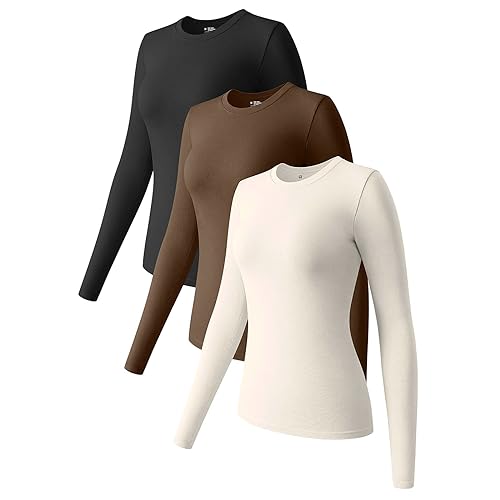 3er Pack Damen Langarmshirt schwarz und weiß Elegant Langarm Oberteile Hemd Tshirts Basic Tops S M L (Beige-1, M) von Generic