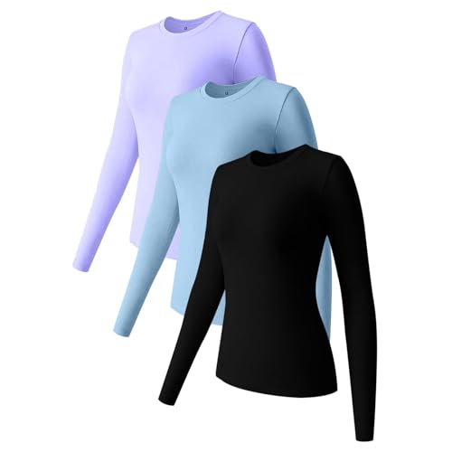 3er Pack Damen Langarmshirt schwarz und weiß Elegant Langarm Oberteile Hemd Tshirts Basic Tops S M L (Purple-2, M) von Generic