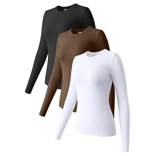 3er Pack Damen Langarmshirt schwarz und weiß Elegant Langarm Oberteile Hemd Tshirts Basic Tops S M L (White-1, S) von Generic