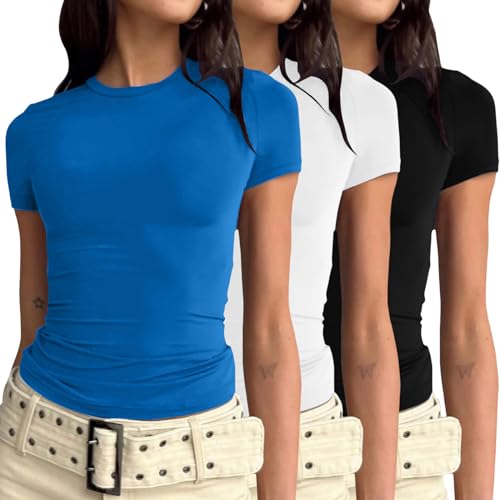 3er Pack Damen Skims Dupe Basic T-Shirts Kurzarm Crop Top Casual Y2K Rundhalsausschnitt Tops Slim Fit Tshirts Blau+Weiß+Schwarz S von Generic