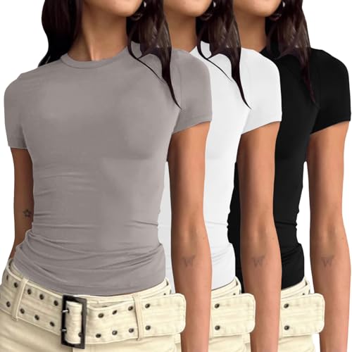 3er Pack Damen Skims Dupe Basic T-Shirts Kurzarm Crop Top Casual Y2K Rundhalsausschnitt Tops Slim Fit Tshirts Grau+Weiß+Schwarz M von Generic
