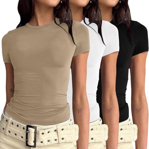 3er Pack Damen Skims Dupe Basic T-Shirts Kurzarm Crop Top Casual Y2K Rundhalsausschnitt Tops Slim Fit Tshirts Khaki+Weiß+Schwarz S von Generic