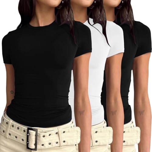 3er Pack Damen Skims Dupe Basic T-Shirts Kurzarm Crop Top Casual Y2K Rundhalsausschnitt Tops Slim Fit Tshirts Schwarz+Weiß+Schwarz S 3er Pack Damen Skims Dupe Basic T-Shirts Kurzarm Crop Top Casual Y2K Rundhalsausschnitt Tops Slim Fit Tshirts Schwarz+Weiß+Schwarz S von Generic
