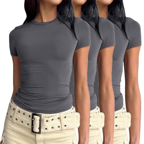 3er Pack Damen Skims Dupe Basic T-Shirts Kurzarm Crop Top Casual Y2K Rundhalsausschnitt Tops Slim Fit Tshirts von Generic