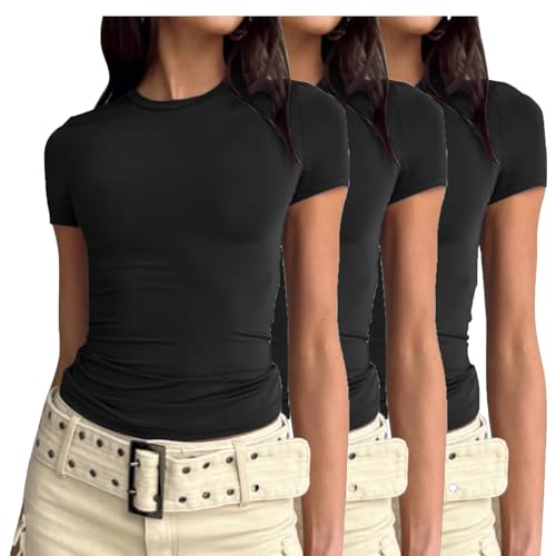 3er Pack Damen Skims Dupe Basic T-Shirts Kurzarm Crop Top Casual Y2K Rundhalsausschnitt Tops Slim Fit Tshirts von Generic
