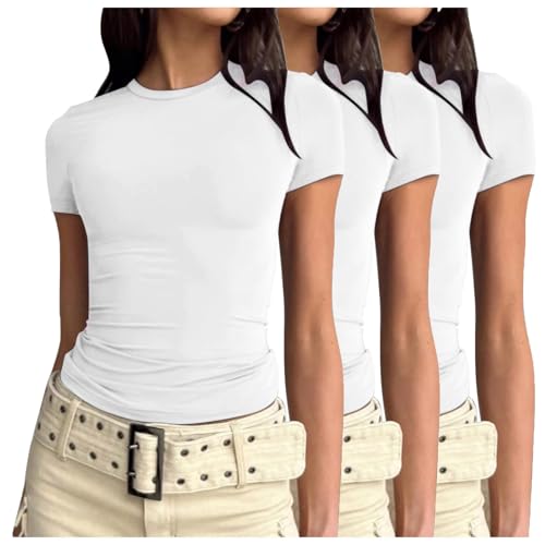 3er Pack Damen Skims Dupe Basic T-Shirts Kurzarm Crop Top Casual Y2K Rundhalsausschnitt Tops Slim Fit Tshirts von Generic