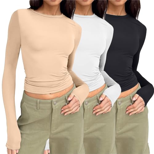 3er Pack Langarmshirt Damen Skims Dupe Basic T-Shirts Langarm Crop Top Casual Y2K Rundhalsausschnitt Tops Slim Fit Tshirts von Generic