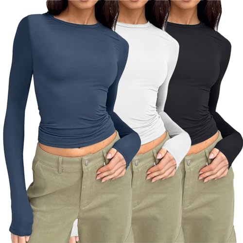 3er Pack Langarmshirt Damen Skims Dupe Basic T-Shirts Langarm Crop Top Casual Y2K Rundhalsausschnitt Tops Slim Fit Tshirts 3er Pack Langarmshirt Damen Skims Dupe Basic T-Shirts Langarm Crop Top Casual Y2K Rundhalsausschnitt Tops Slim Fit Tshirts von Generic