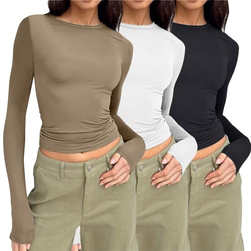 3er Pack Langarmshirt Damen Skims Dupes Y2K Clothes Skims Top Langarmshirt Damen eng Skims Long Sleeve Skims Tshirt Tops Y2K Shirt Crop Tops Damen Langarm Y2k Clothes Fashion Longsleeve für Mädchen von Generic