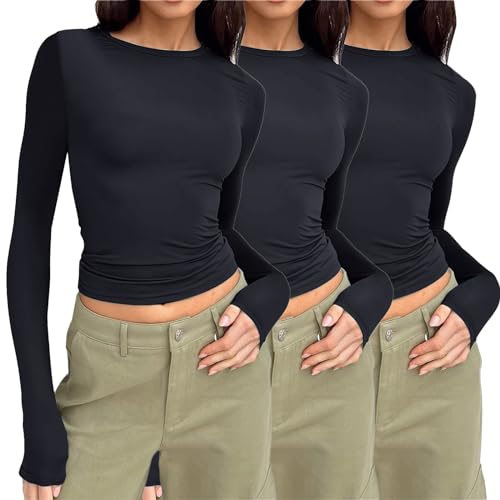 3er Pack Langarmshirt Damen Skims Dupes Y2K Clothes Skims Top Langarmshirt Damen eng Skims Long Sleeve Skims Tshirt Tops Y2K Shirt Crop Tops Damen Langarm Y2k Clothes Fashion Longsleeve für Mädchen von Generic