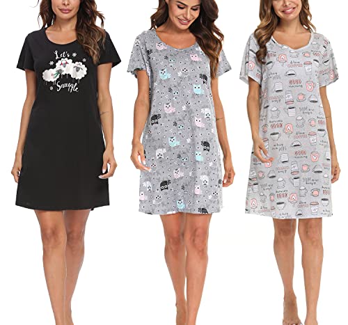 3er Pack Nachthemd Damen-Kurzarm Schlafhemd -Weiche Nachtwäsche für Lounge(Mittel,schwarzes Schaf+Grauer Kaffee+graue Eule) von Generic