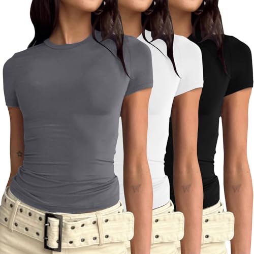 3er Pack Skims Dupe Damen Basic Skims Tshirt Kurzarm Crop Top Casual Y2K T-Shirts Rundhalsausschnitt Tops Slim Fit Tshirts von Generic